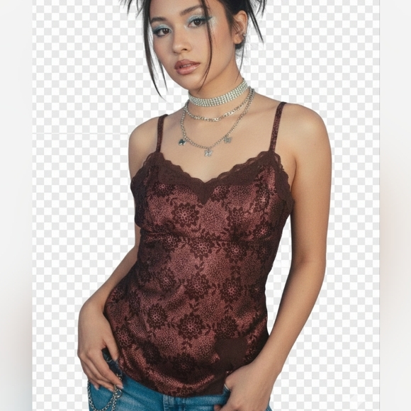 Self Esteem Tops - Self Esteem Y2K Fairy Lace Trim Babydoll Tank Top Large Romantic Coquette Maroon